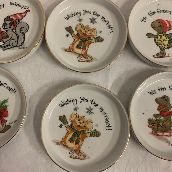 Vintage Suzy’s Zoo Christmas trinket dishes, holiday coasters, 1976 enesco - Picture 2 of 5
